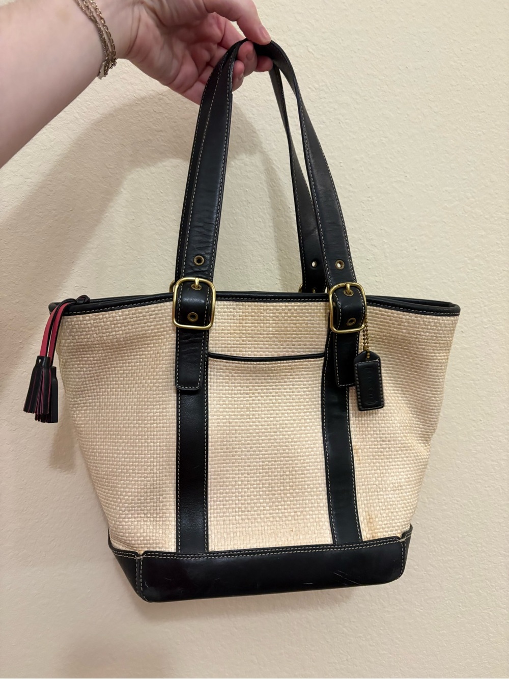 Coach Straw Tote with Black Leather Trim